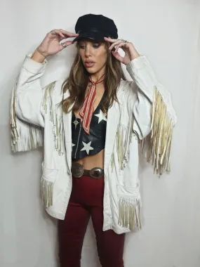 White leather fringed western jacket - unisex