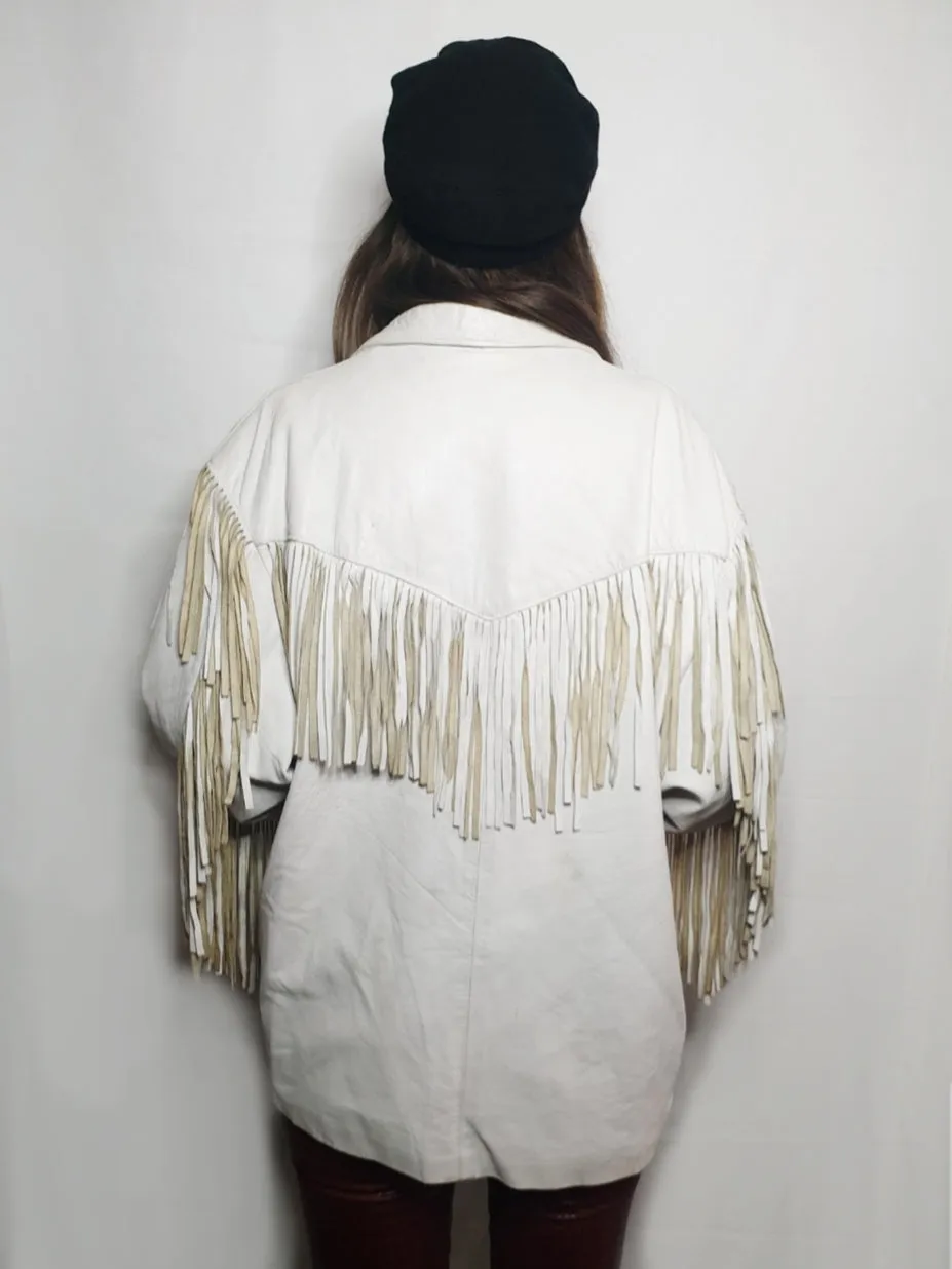 White leather fringed western jacket - unisex