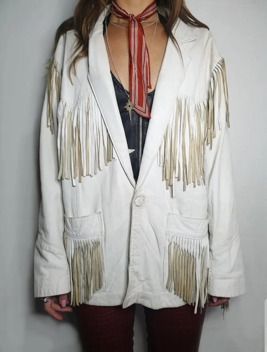 White leather fringed western jacket - unisex