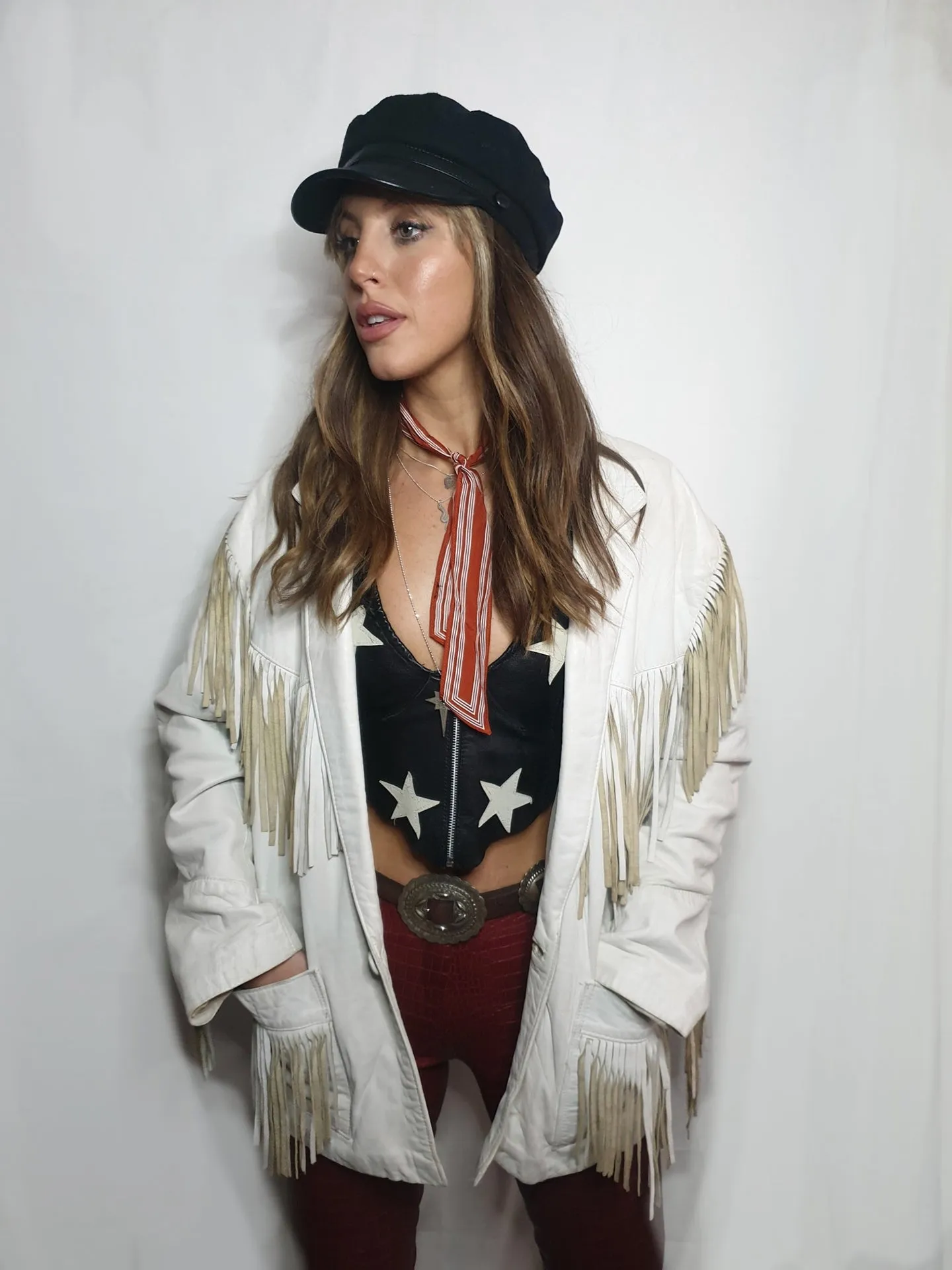 White leather fringed western jacket - unisex