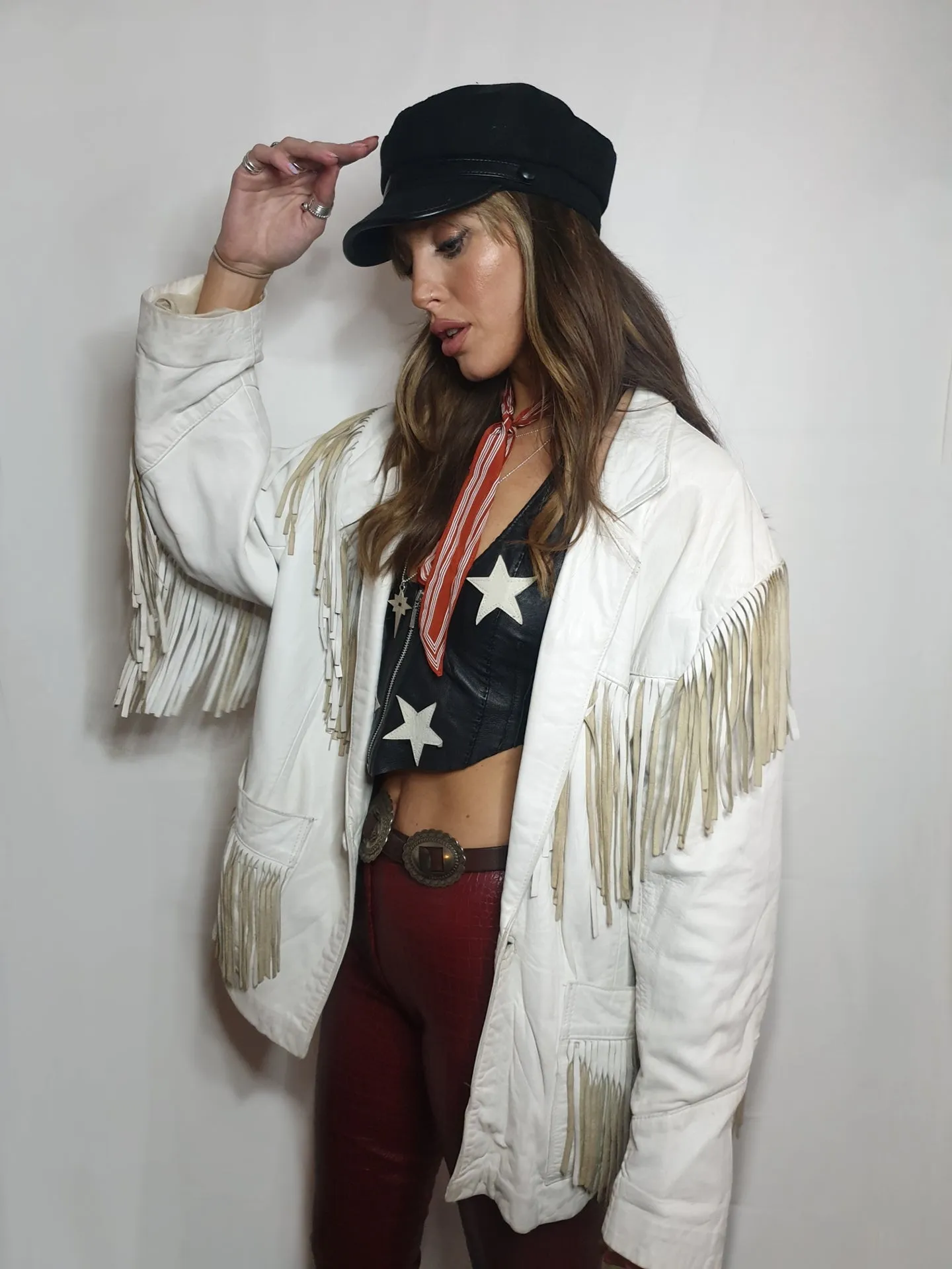 White leather fringed western jacket - unisex
