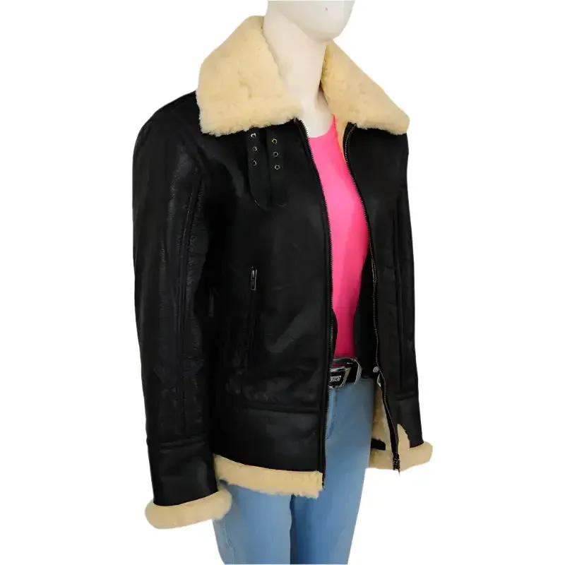 Women's Black Shearling B3 Bomber Jacket - Stylish & Warm