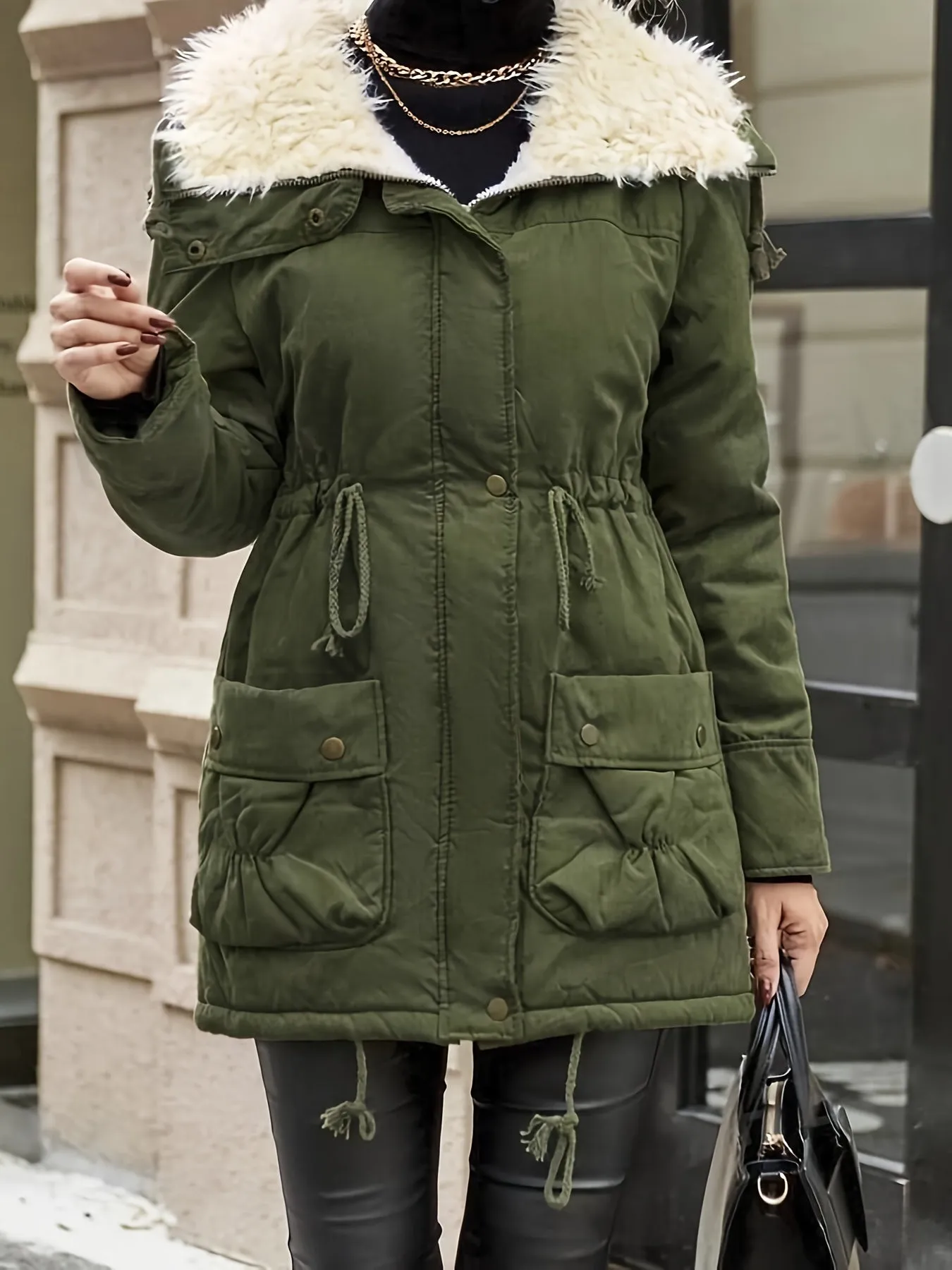 Women's Casual Midi Parka Coat, Drawstring, Winter Jacket with Pockets