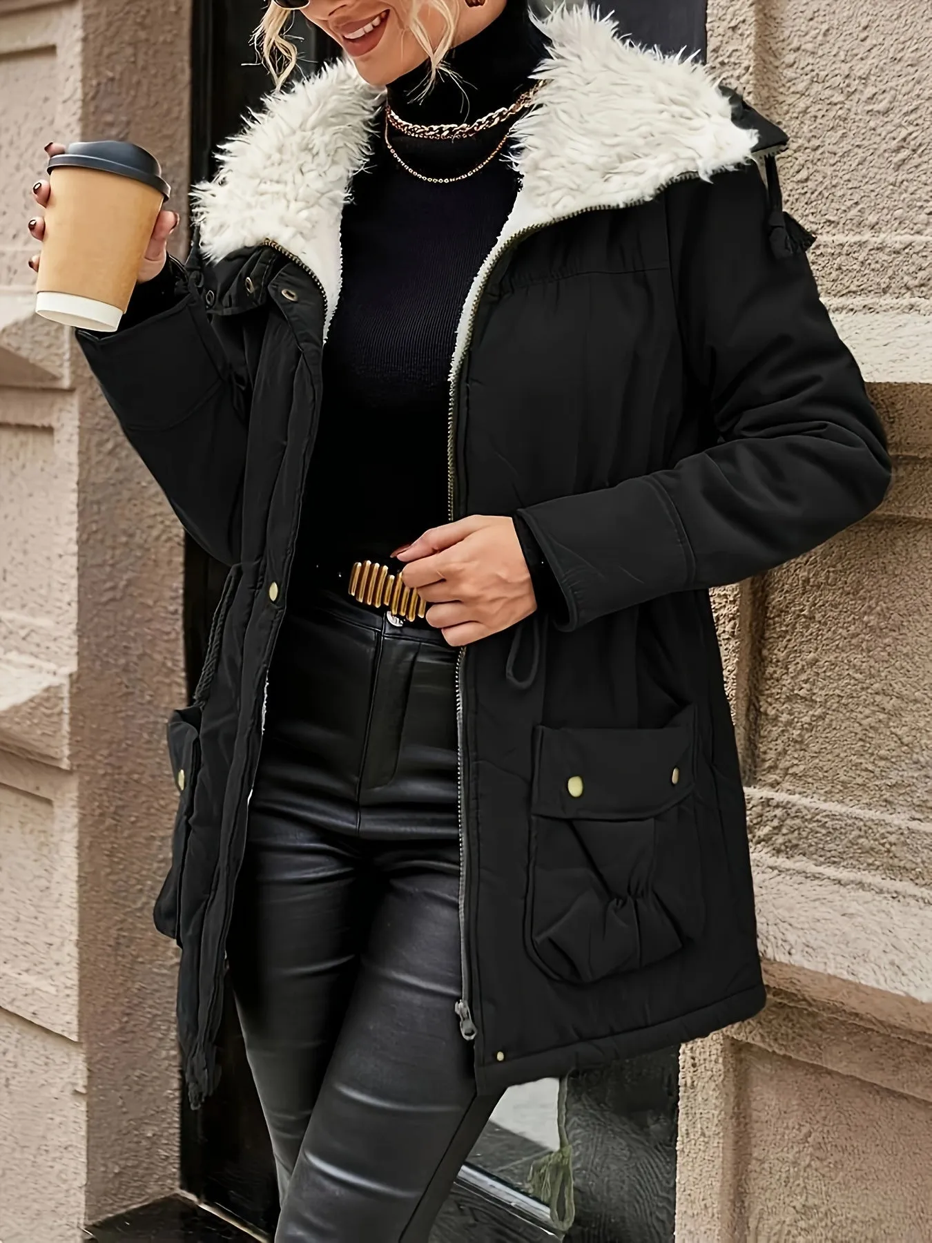 Women's Casual Midi Parka Coat, Drawstring, Winter Jacket with Pockets