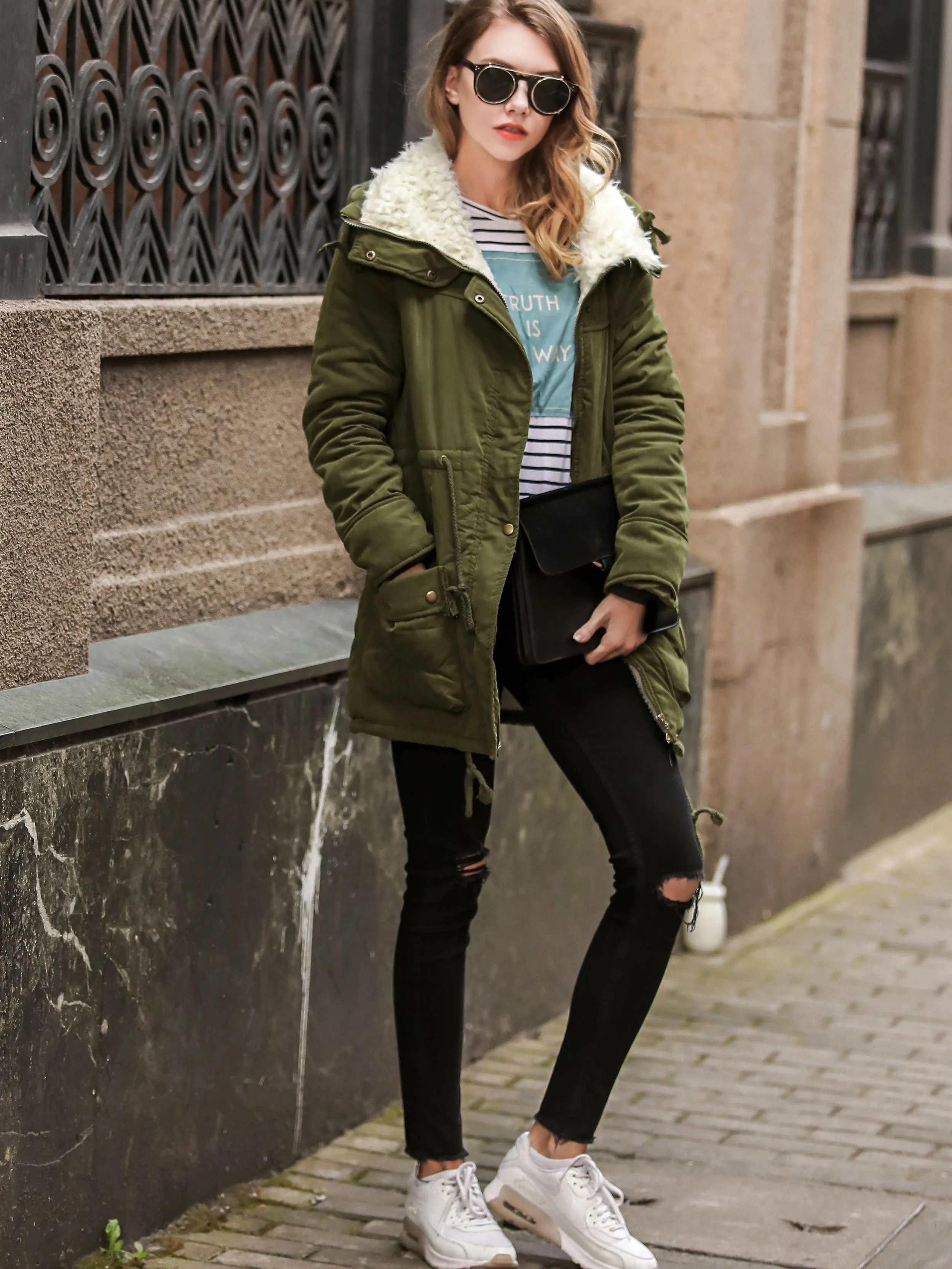 Women's Casual Midi Parka Coat, Drawstring, Winter Jacket with Pockets
