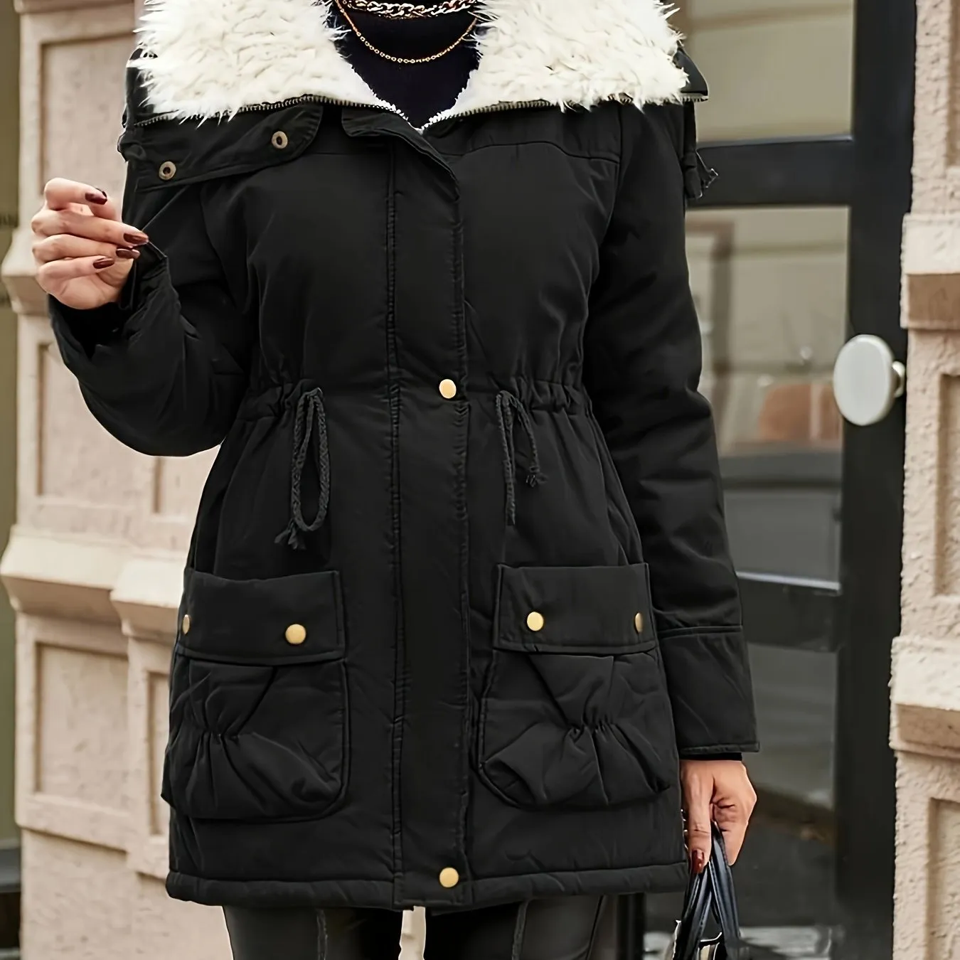 Women's Casual Midi Parka Coat, Drawstring, Winter Jacket with Pockets