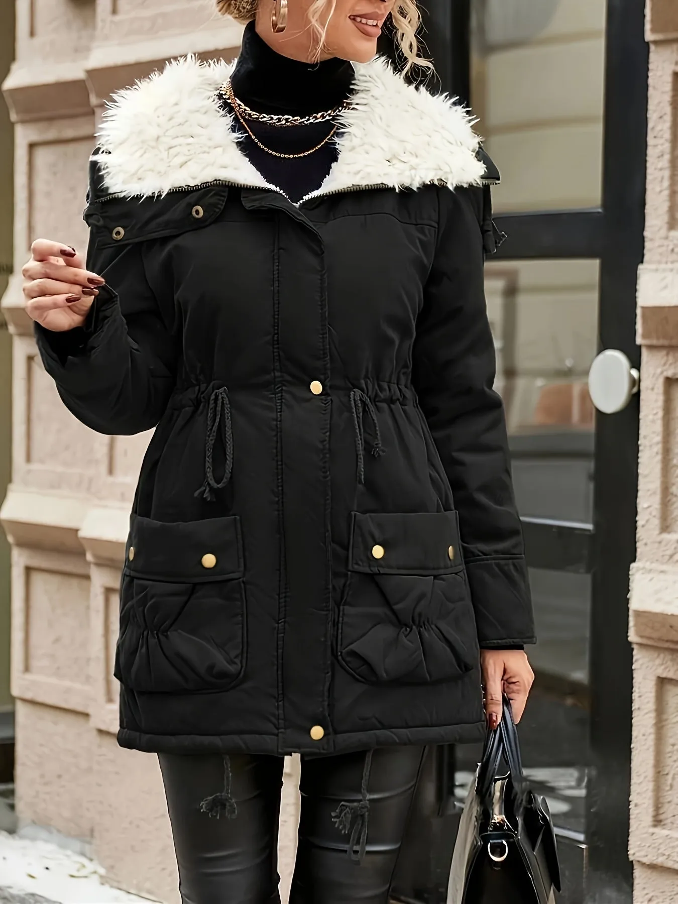 Women's Casual Midi Parka Coat, Drawstring, Winter Jacket with Pockets