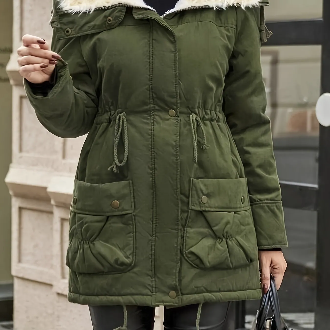 Women's Casual Midi Parka Coat, Drawstring, Winter Jacket with Pockets