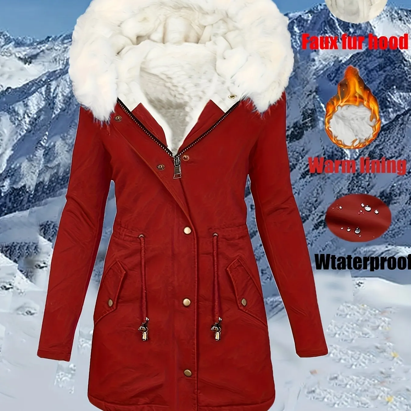 Women's Winter Parka Coat, Faux Fur Hood, Waterproof, Casual with Pockets