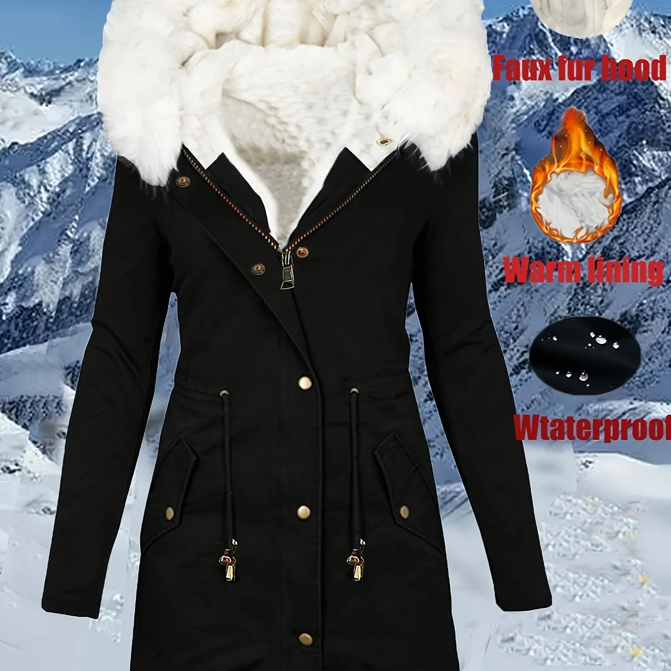 Women's Winter Parka Coat, Faux Fur Hood, Waterproof, Casual with Pockets