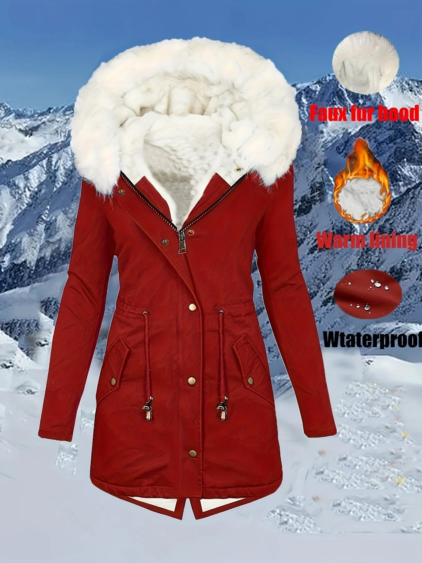 Women's Winter Parka Coat, Faux Fur Hood, Waterproof, Casual with Pockets