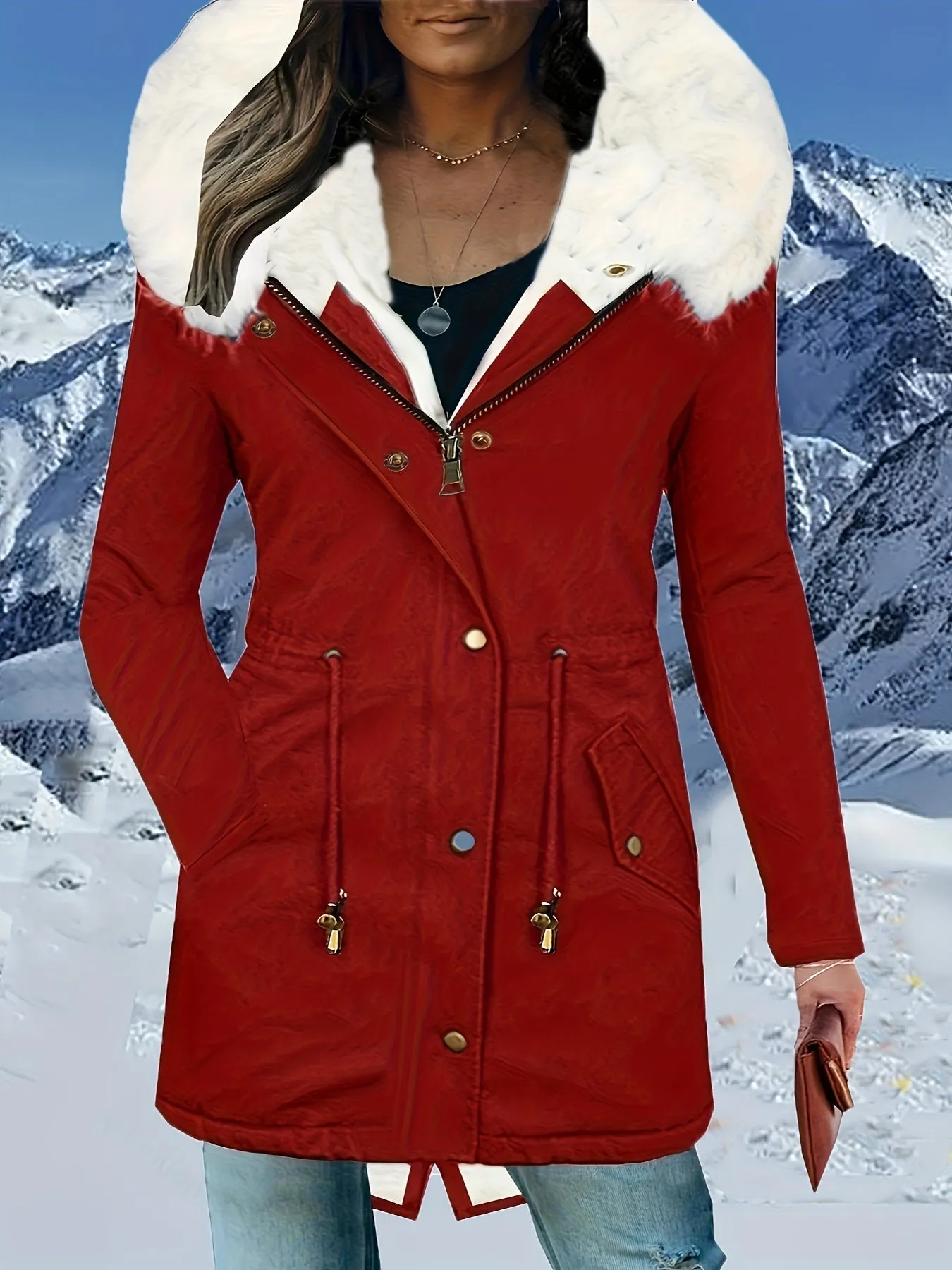 Women's Winter Parka Coat, Faux Fur Hood, Waterproof, Casual with Pockets