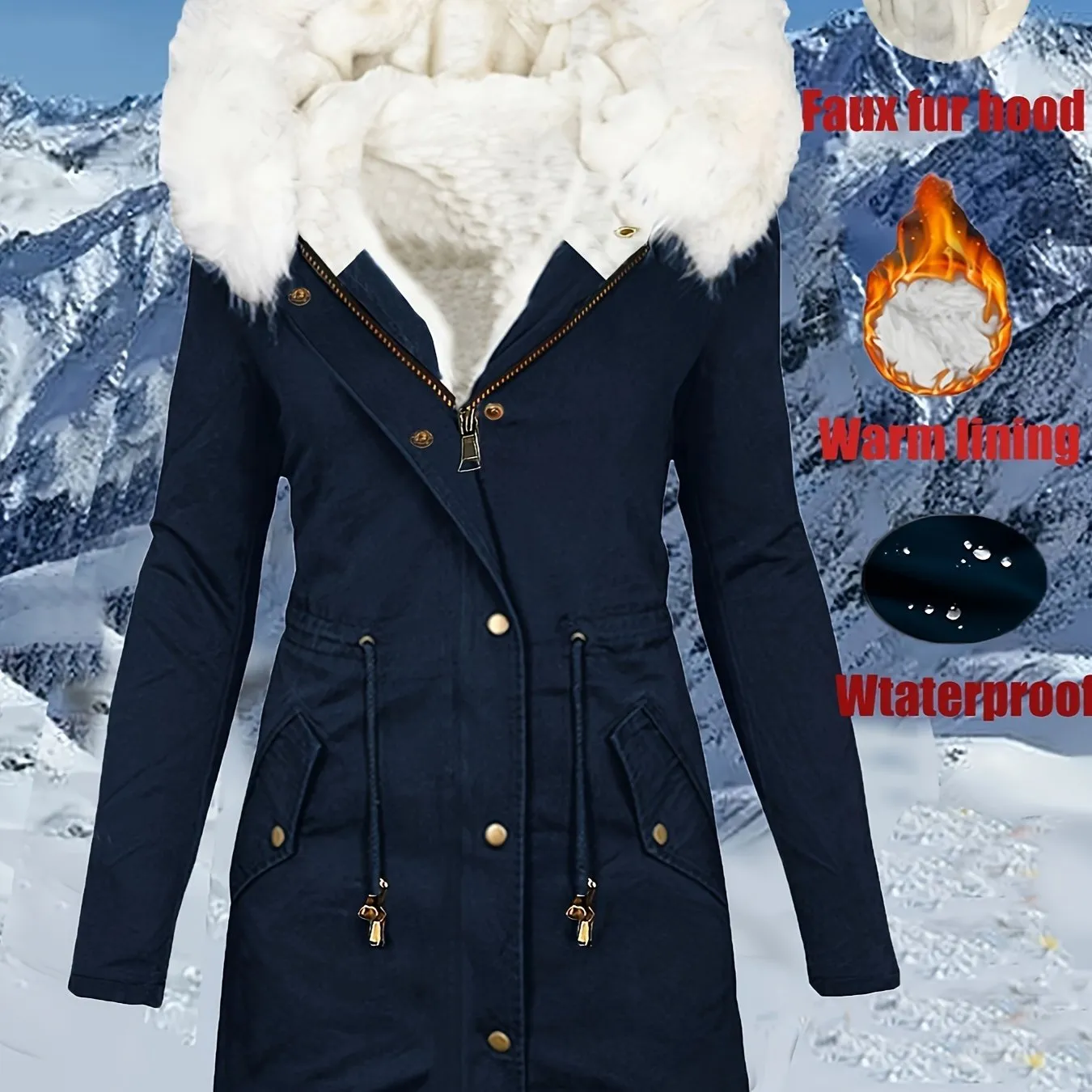 Women's Winter Parka Coat, Faux Fur Hood, Waterproof, Casual with Pockets
