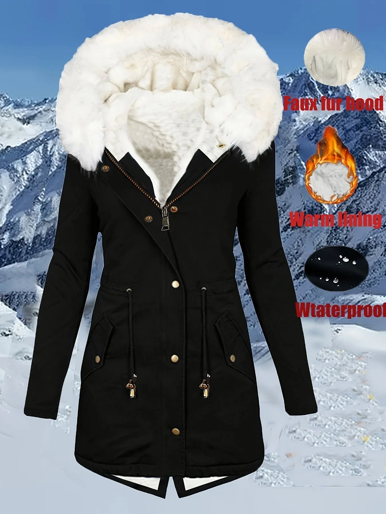 Women's Winter Parka Coat, Faux Fur Hood, Waterproof, Casual with Pockets