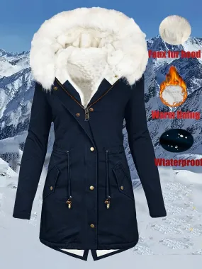 Women's Winter Parka Coat, Faux Fur Hood, Waterproof, Casual with Pockets