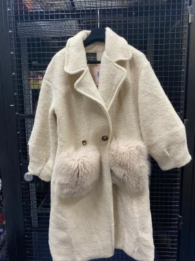 Wool Coat with Fox Fur Pockets in Beige - AWL3994