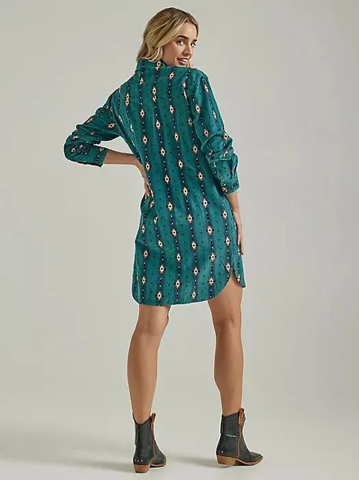 Wrangler Retro® Women's Checotah Cord Western Shirt Dress in Teal Blue 112339170