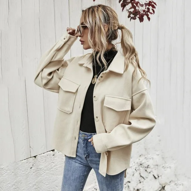 Yeknu Womens Long Sleeve Button Down Jacket Lapel Drop Shoulder Flap Pocket High Low Hem Shacket Pea Coat