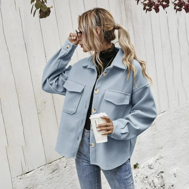 Yeknu Womens Long Sleeve Button Down Jacket Lapel Drop Shoulder Flap Pocket High Low Hem Shacket Pea Coat