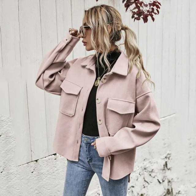 Yeknu Womens Long Sleeve Button Down Jacket Lapel Drop Shoulder Flap Pocket High Low Hem Shacket Pea Coat