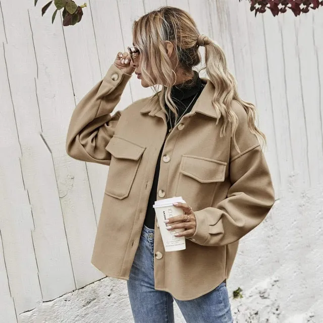 Yeknu Womens Long Sleeve Button Down Jacket Lapel Drop Shoulder Flap Pocket High Low Hem Shacket Pea Coat
