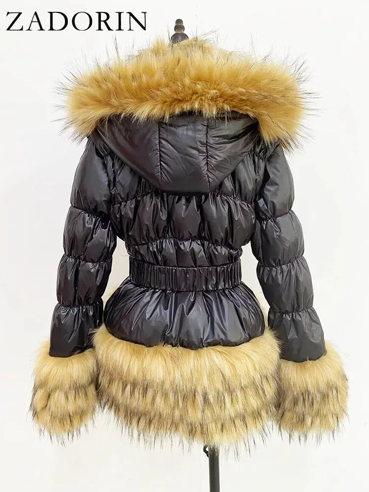 ZADORIN Winter Coat Women New Fashion Faux Fur Coat Detachable Sleeves Hood Duck Down Coats Hooded Black Puffer Jacket Outwear