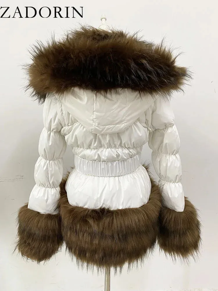 ZADORIN Winter Coat Women New Fashion Faux Fur Coat Detachable Sleeves Hood Duck Down Coats Hooded Black Puffer Jacket Outwear