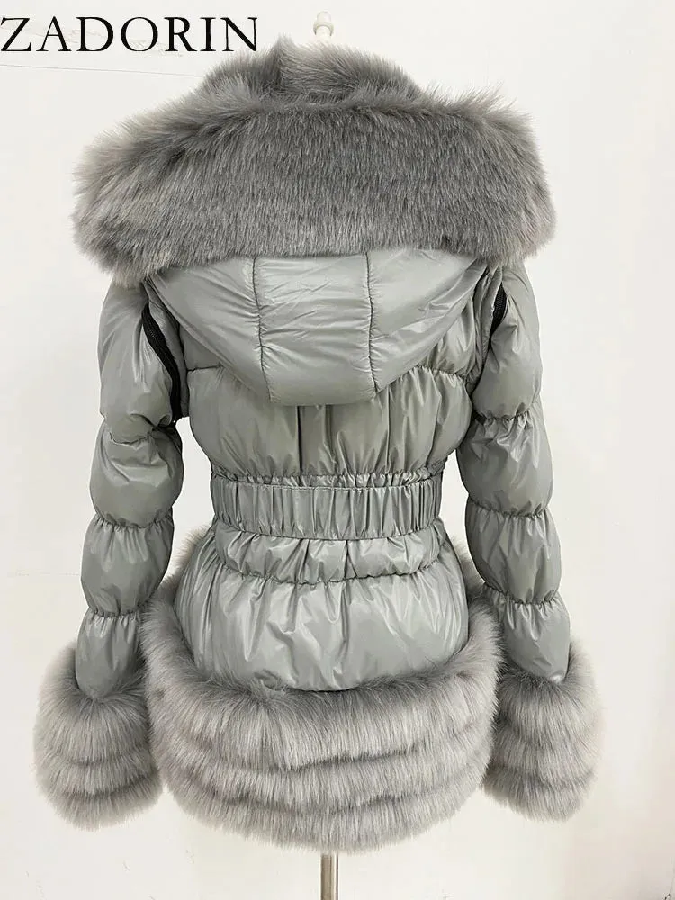 ZADORIN Winter Coat Women New Fashion Faux Fur Coat Detachable Sleeves Hood Duck Down Coats Hooded Black Puffer Jacket Outwear